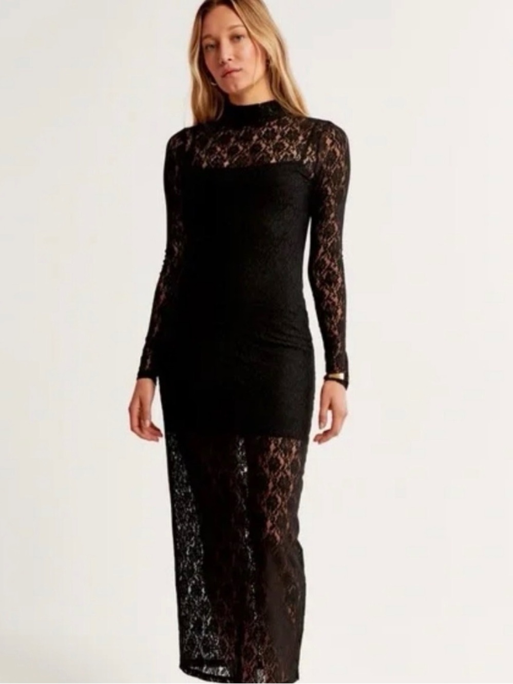 Abercrombie & Fitch Black Lace Mock Neck Maxi Dress XS Wedding Guest Gala